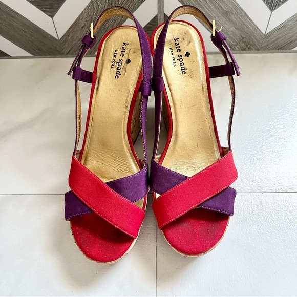 Kate Spade Penny Sandals Wedge Block Heels color block Red Purple Cork size 9 - Picture 2 of 10
